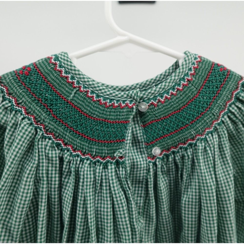 Green Gingham Hand Smocked Bishop Dress Kids Red Floral Embroidery Christmas 24m - Picture 7 of 10